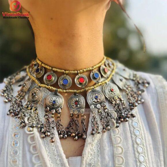 Gypsy Statement Necklace, Handmade Multi Layer Afghan Choker with Bells - Picture 1 of 10